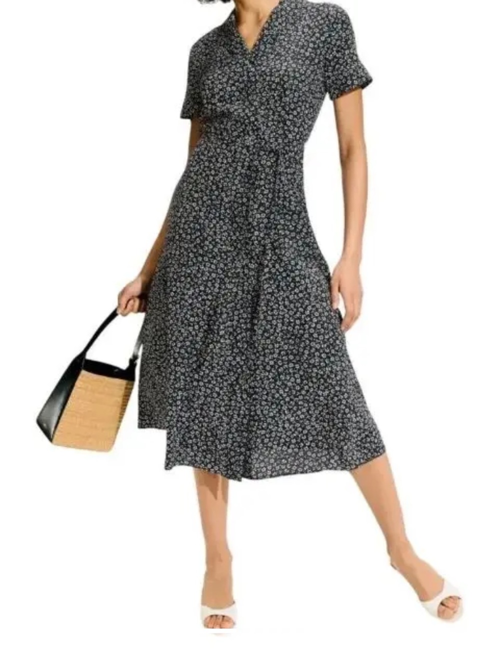 Club Monaco Black Floral Wrap-Style Midi Dress